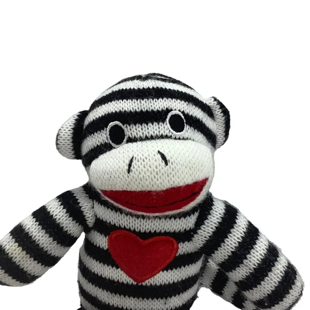 Dan‎ Dee Sock Monkey Plush Stuffed Animal Black White Stripes Red Heart 9.5